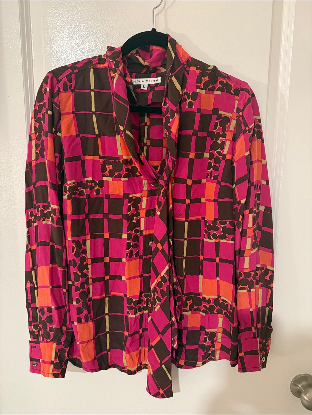 Trina Turk Vibrant Pink & Orange Geometric Tie-Neck Blouse
